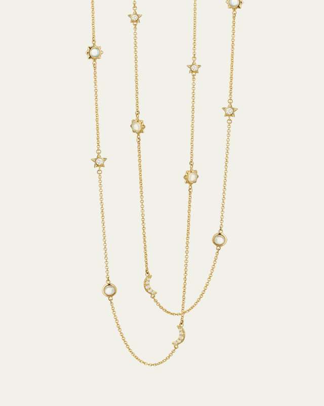 Sun, Moon and Stars 47" Diamond and Opal Gold Chain Necklace